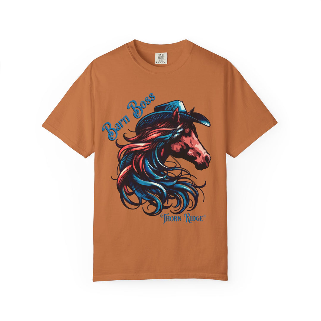 t-shirt with a horse head wearing a cowboy hat graphic labeled Barn Boss and Thorn Ridge