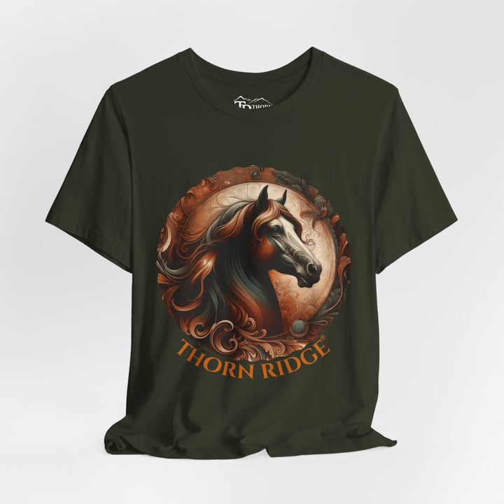 elegant horse head circular graphic  in brown tones t-shirt labeled Thorn Ridge®