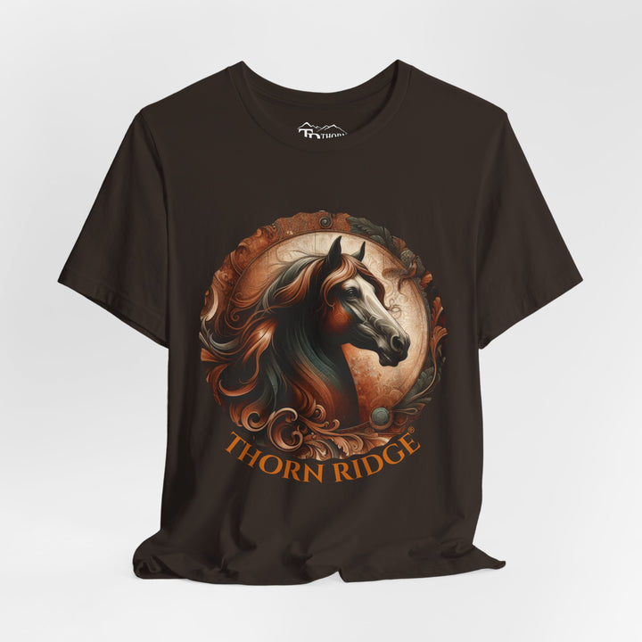 elegant horse head circular graphic  in brown tones t-shirt labeled Thorn Ridge®