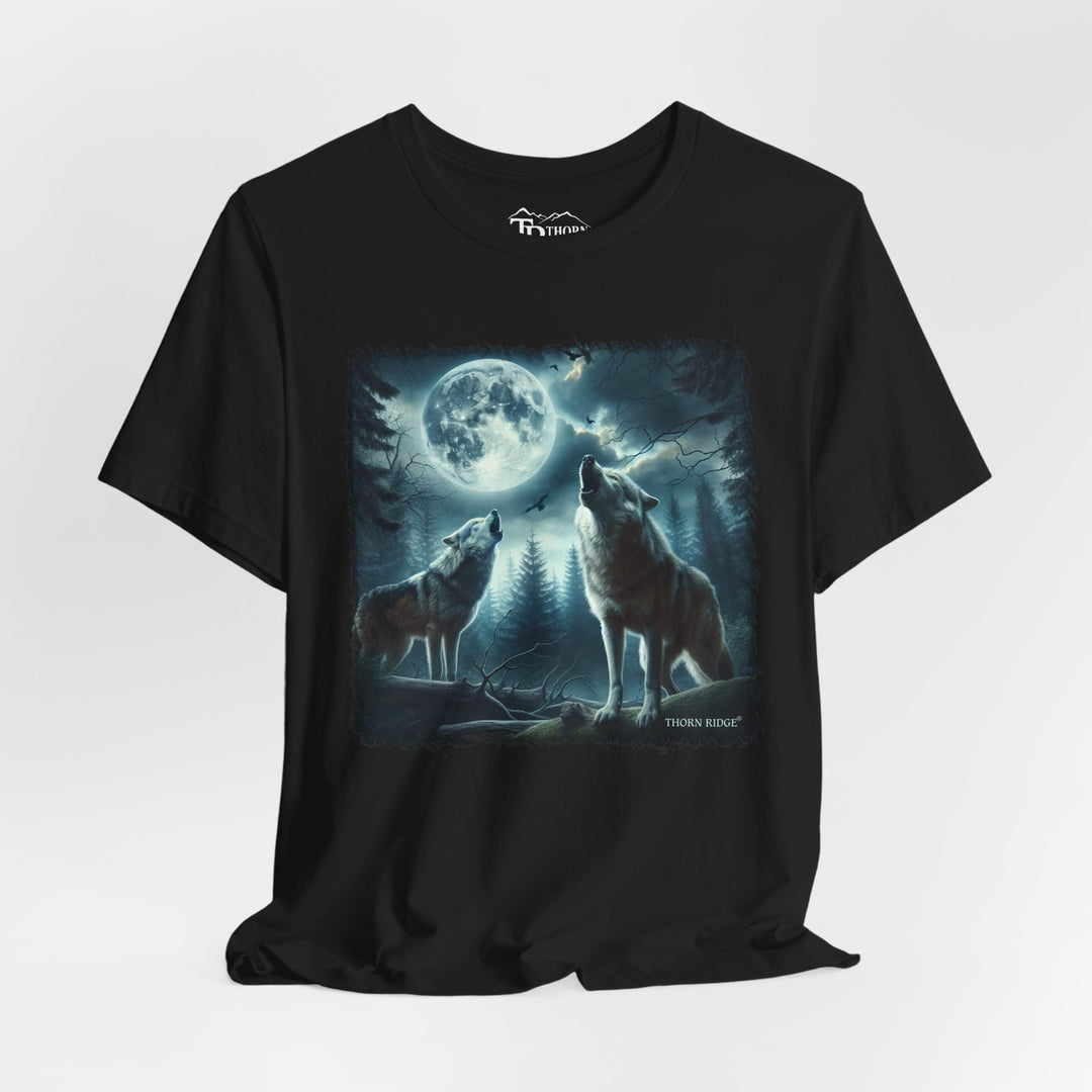 t-shirt with a graphic of two wolves howling at a moonlit sky branded Thorn Ridge®