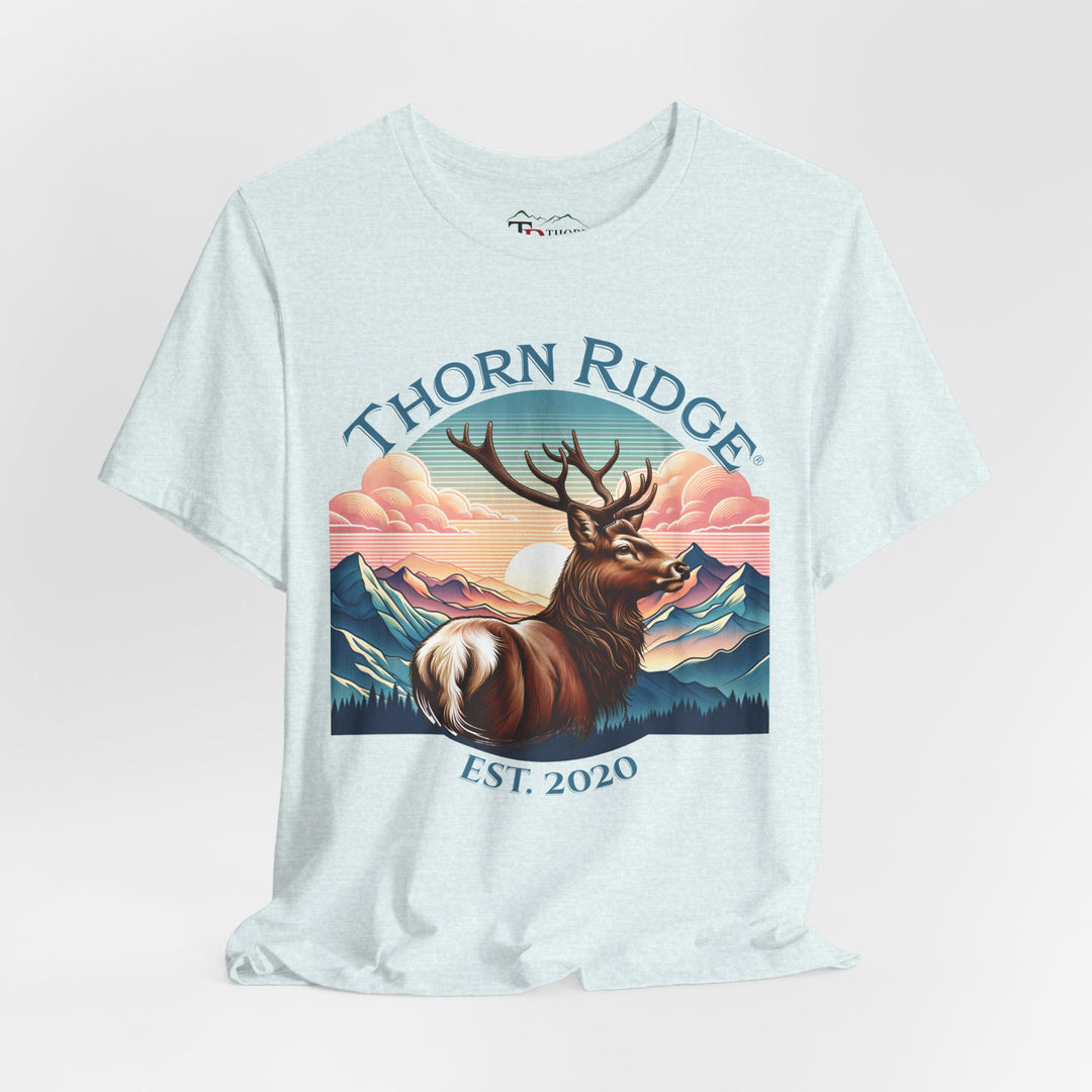Guardian Buck Tee of a white tailed buck looking out across the mountains labeled Thorn Ridge®