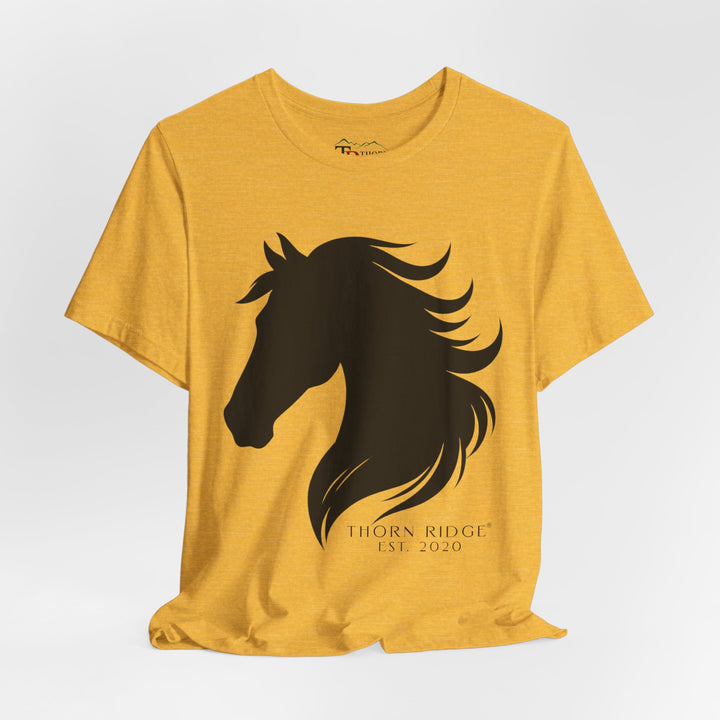 t-shirt with black horse silhouette and 'Thorn Ridge' branding 