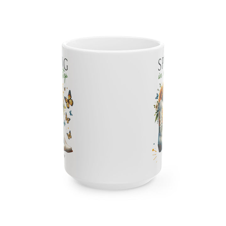 White mug with floral design and 'Spring in my step' by Thorn Ridge®