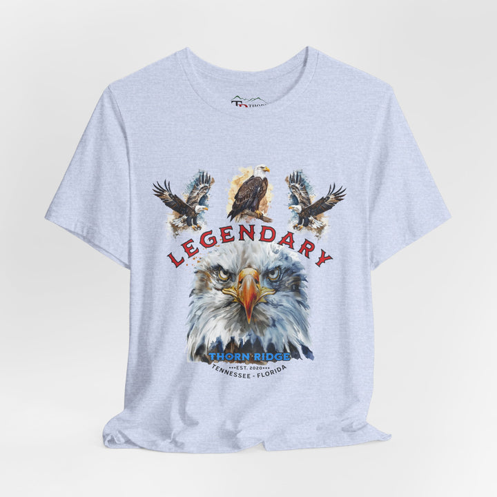 t-shirt with an eagle graphic and 'Legendary' text with three eagles above it