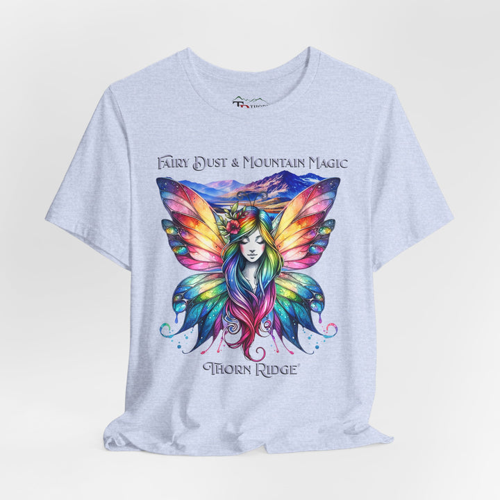 Fairy Dust and Mountain Magic graphic tee with a winged fairy in the front and mountains in the background labeled Thorn Ridge®