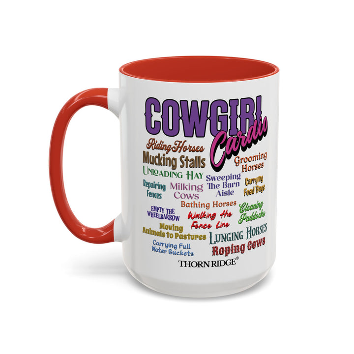 Mug with 'Cowgirl Cardio' text and red handle on a white background