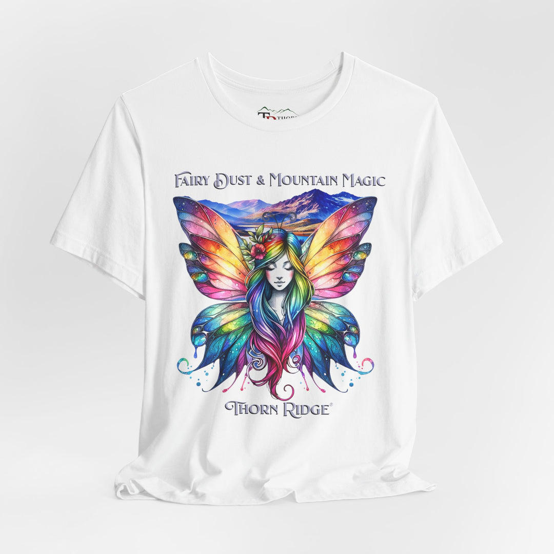 Fairy Dust and Mountain Magic graphic tee with a winged fairy in the front and mountains in the background labeled Thorn Ridge®