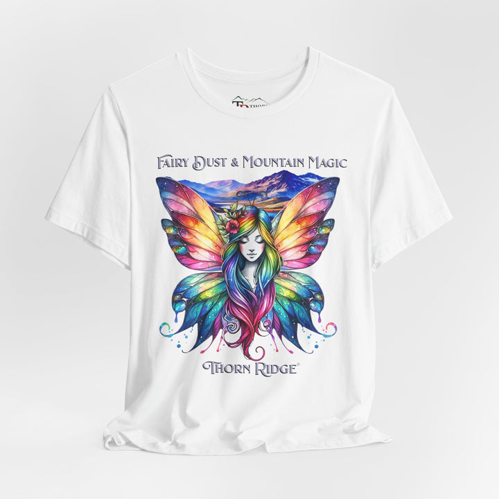 Fairy Dust and Mountain Magic graphic tee with a winged fairy in the front and mountains in the background labeled Thorn Ridge®