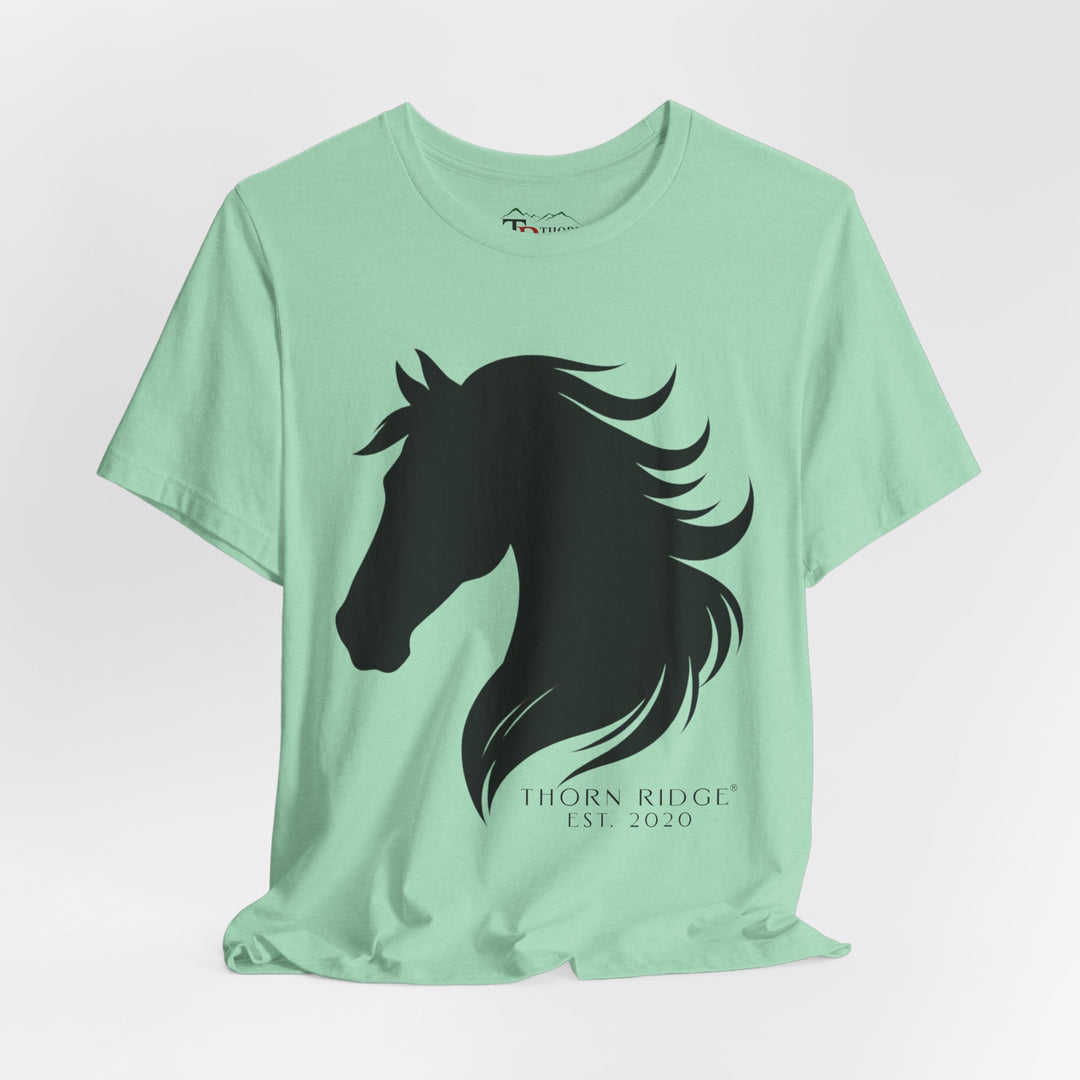 t-shirt with black horse silhouette and 'Thorn Ridge' branding 
