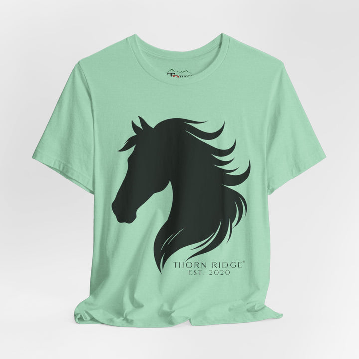 t-shirt with black horse silhouette and 'Thorn Ridge' branding 
