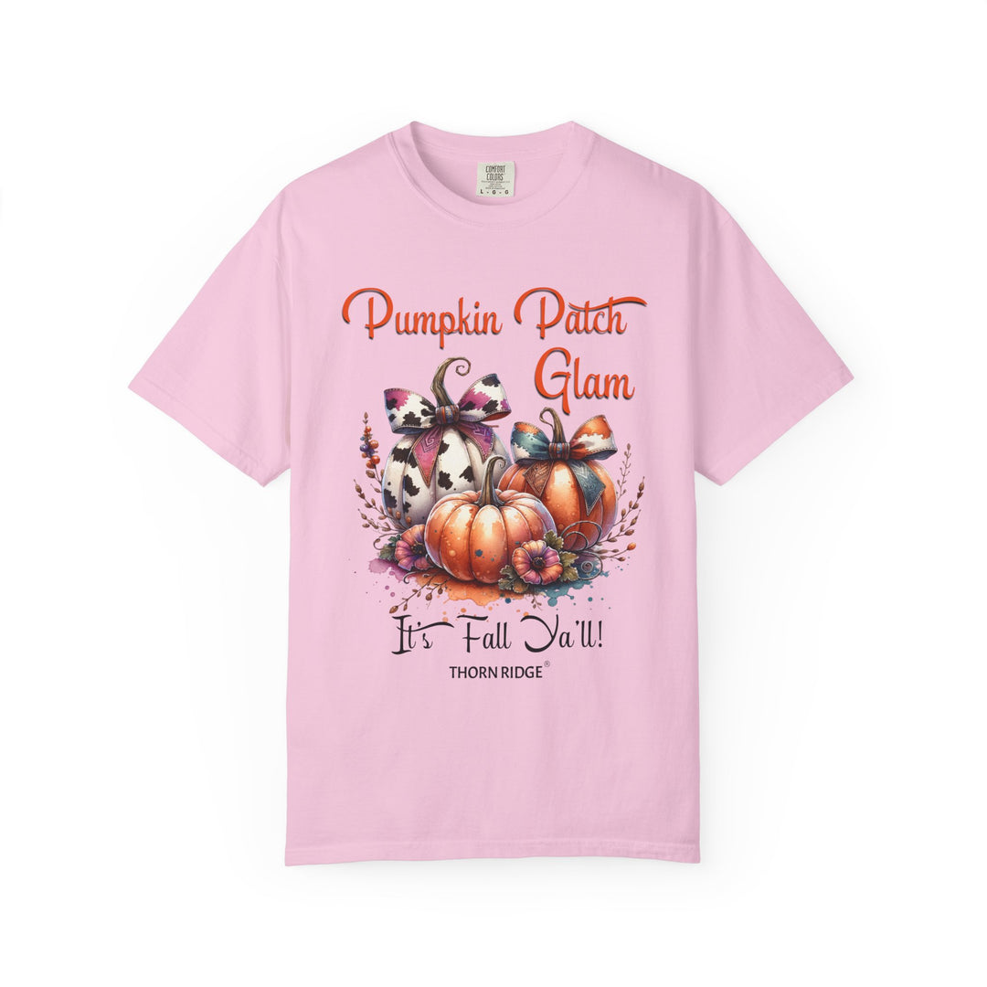 Pumpkin Patch Glam graphic tee with pumpkins wearing cow print bows labeled Thorn Ridge®