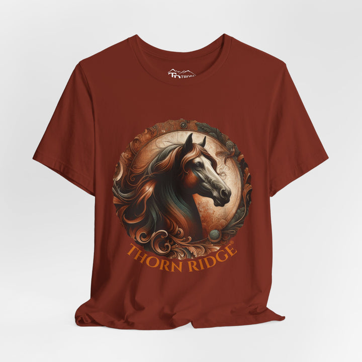 elegant horse head circular graphic  in brown tones t-shirt labeled Thorn Ridge®