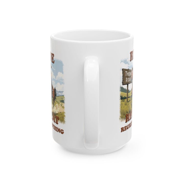 White mug with a graphic of a person riding a horse and text 'Ride  Repeat Regret Nothing' by Thorn Ridge®