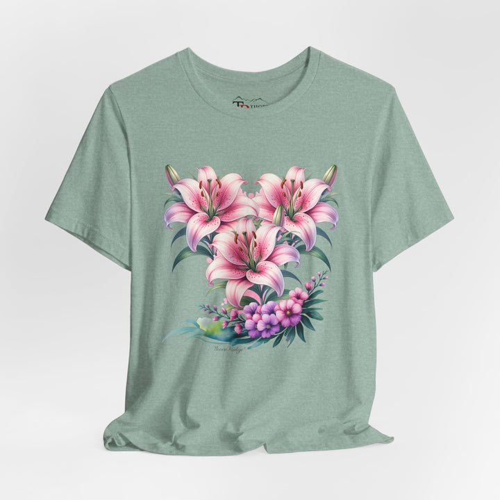 t-shirt with pink floral design of three lillies branded to Thorn Ridge®