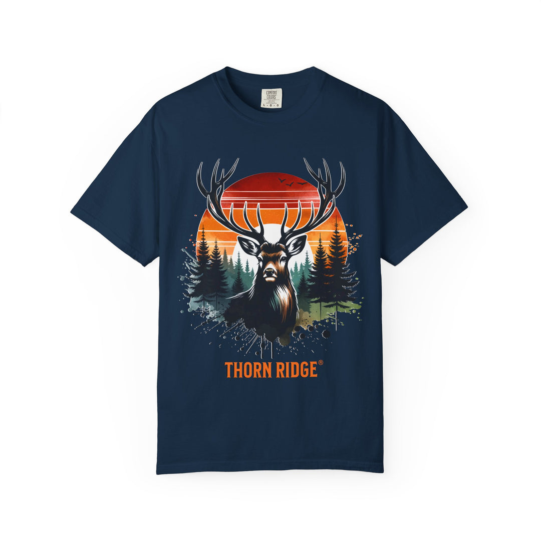 Buck At Sunset Tee labeled Thorn Ridge®