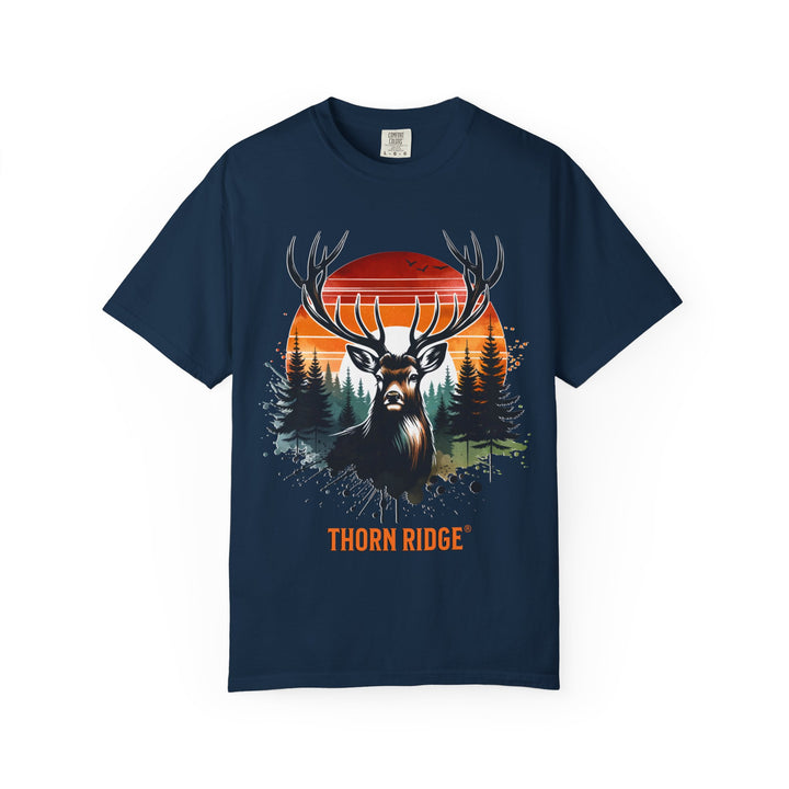 Buck At Sunset Tee labeled Thorn Ridge®