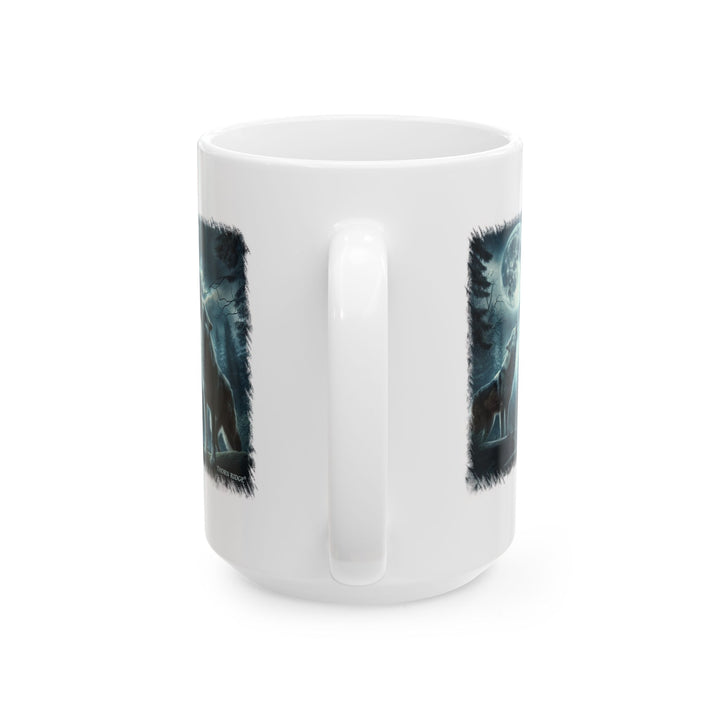 moonlit wolves mug by Thorn Ridge® of two wolves howling at the moon and a cloudy sky.