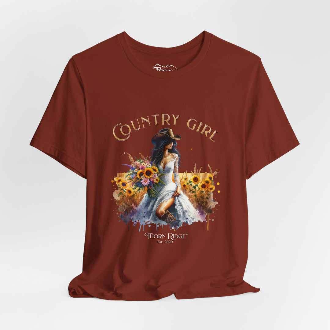 t-shirt with 'Country Girl' graphic design featuring a woman in a white dress and sunflowers and labeled Thorn Ridge®