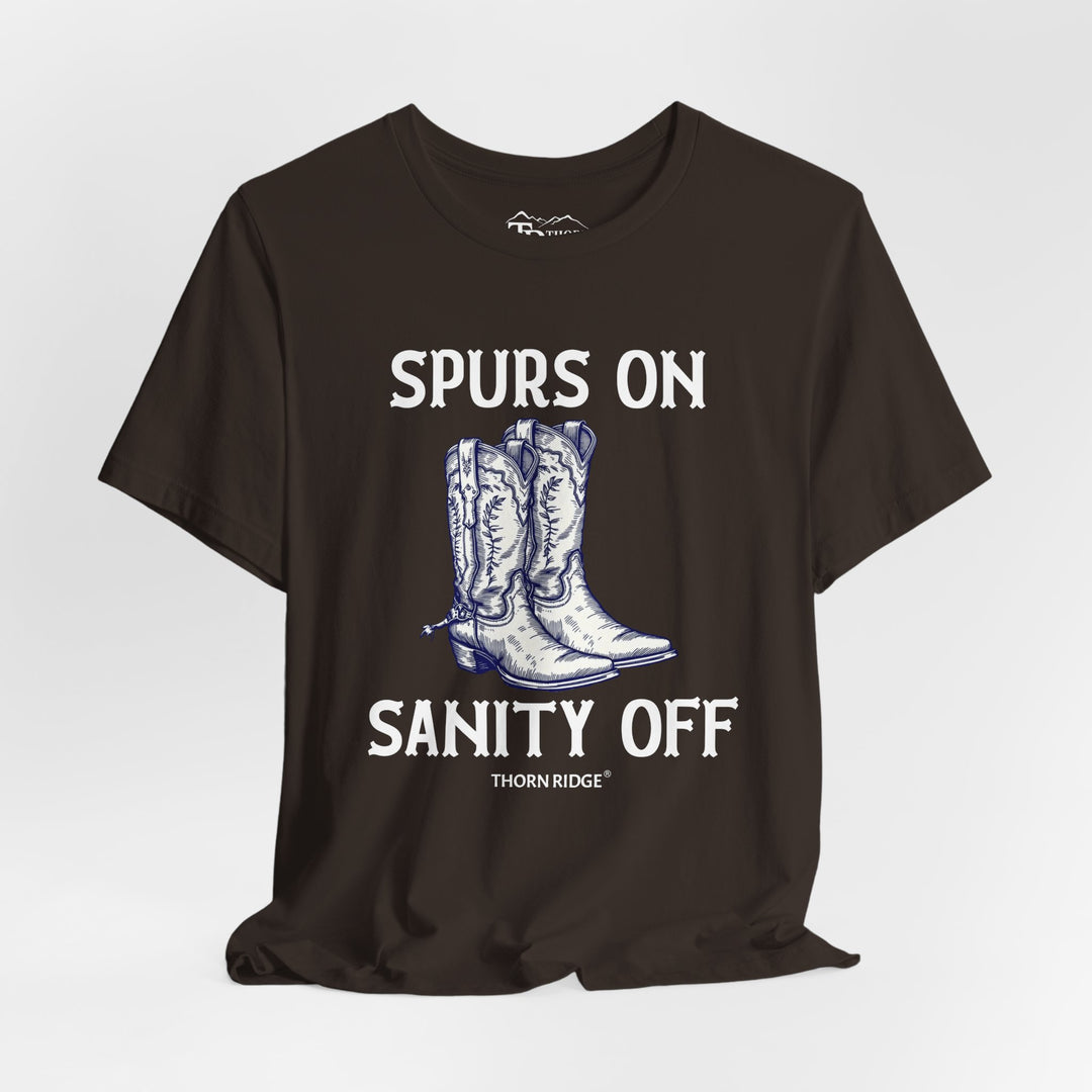 spurs on sanity off graphic tee with cowboy boots labeled Thorn Ridge®