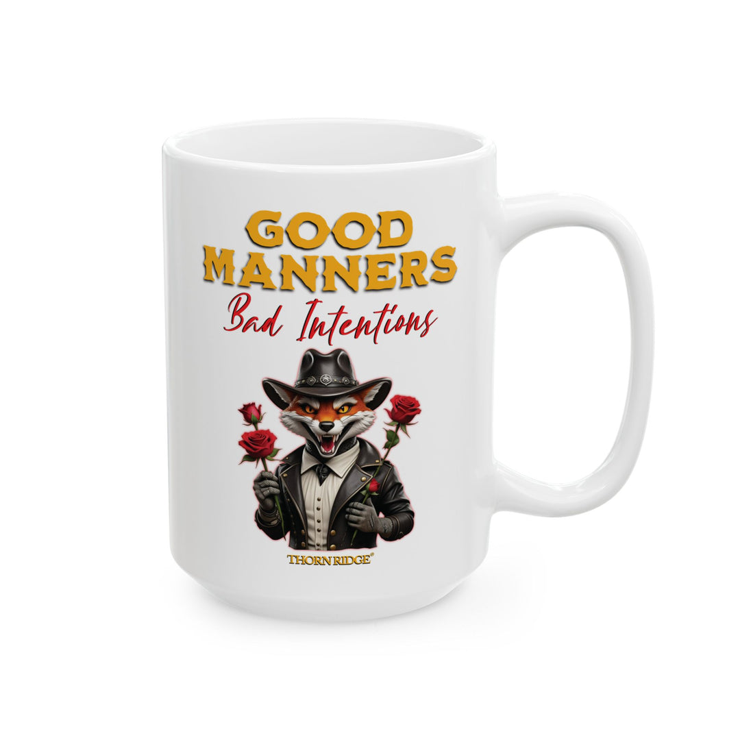 Thorn Ridge® Mug with a fox character holding roses and text 'Good Manners Bad Intentions' on a white background