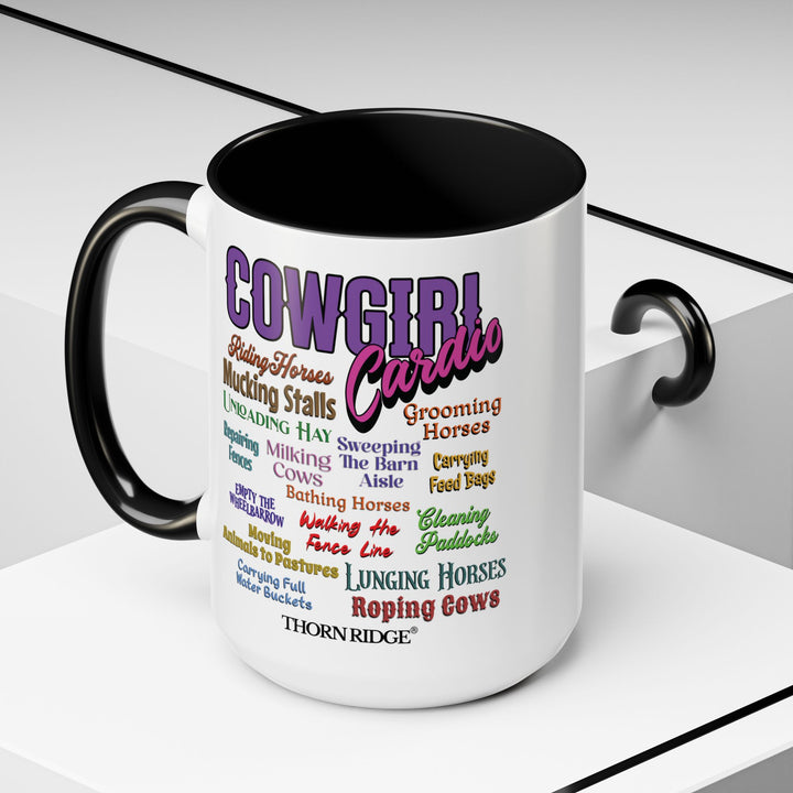 Mug with 'Cowgirl Cardio' text and black handle on a white background