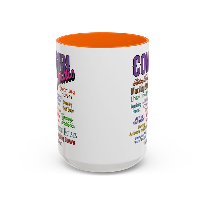 Mug with 'Cowgirl Cardio' text and orange handle on a white background