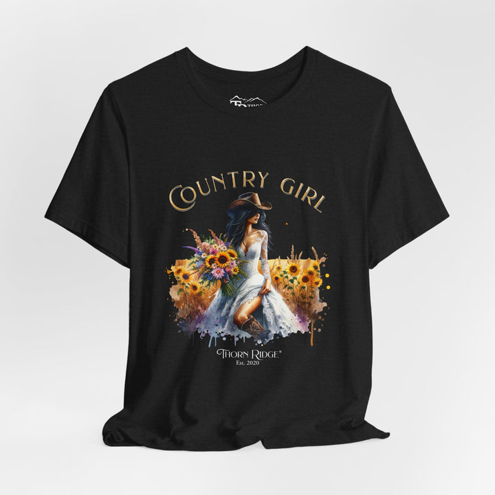t-shirt with 'Country Girl' graphic design featuring a woman in a white dress and sunflowers and labeled Thorn Ridge®