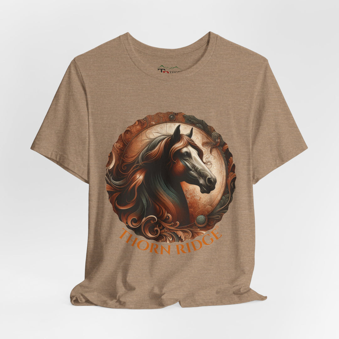 elegant horse head circular graphic  in brown tones t-shirt labeled Thorn Ridge®