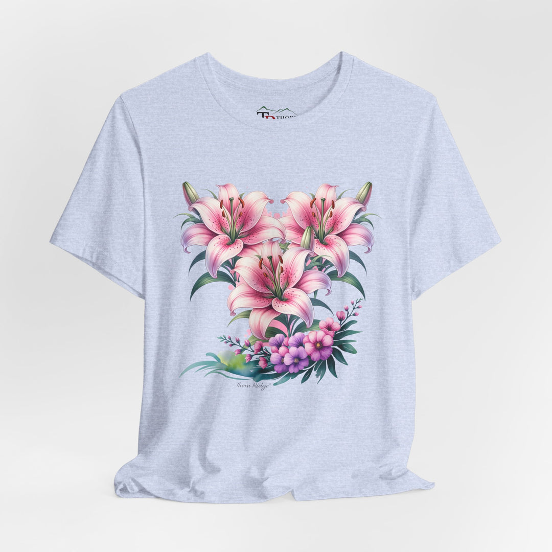 t-shirt with pink floral design of three lillies branded to Thorn Ridge®