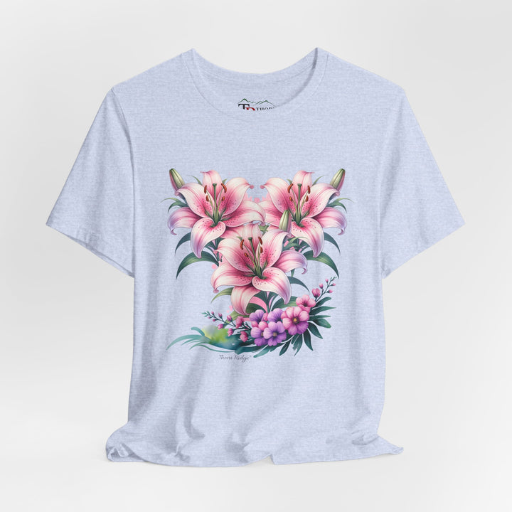 t-shirt with pink floral design of three lillies branded to Thorn Ridge®