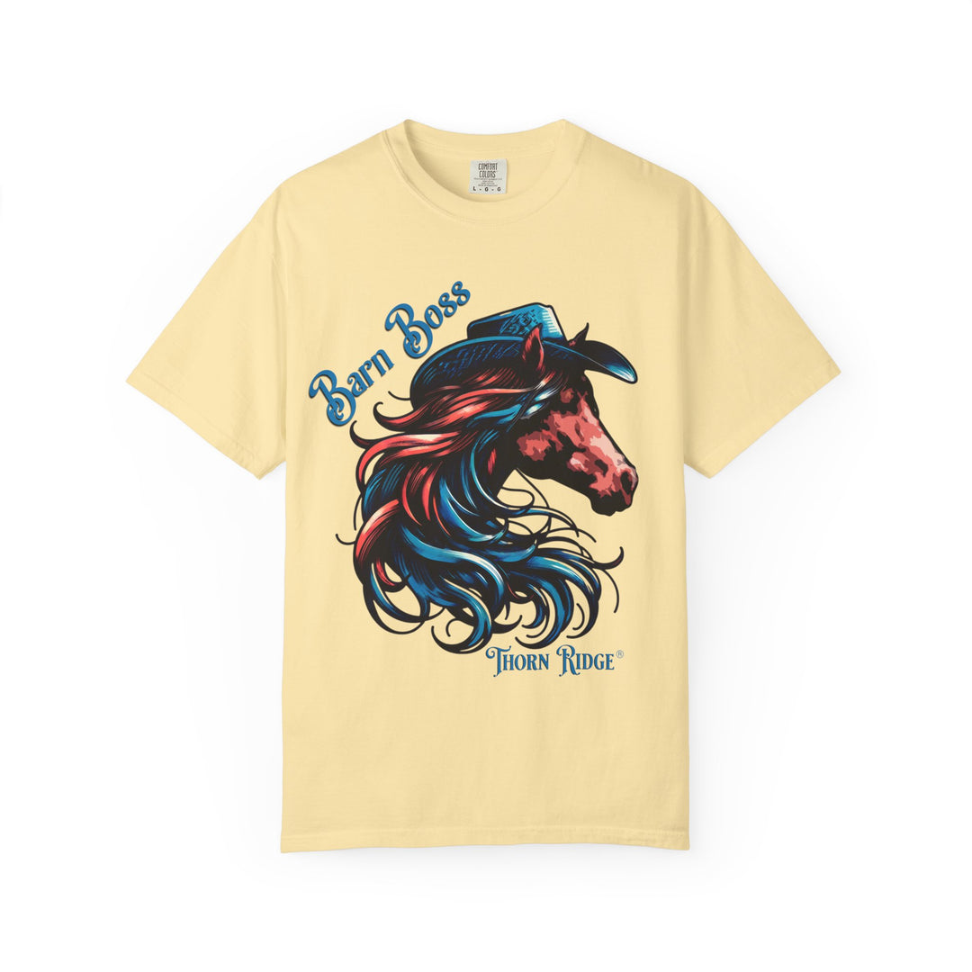 t-shirt with a horse head wearing a cowboy hat graphic labeled Barn Boss and Thorn Ridge