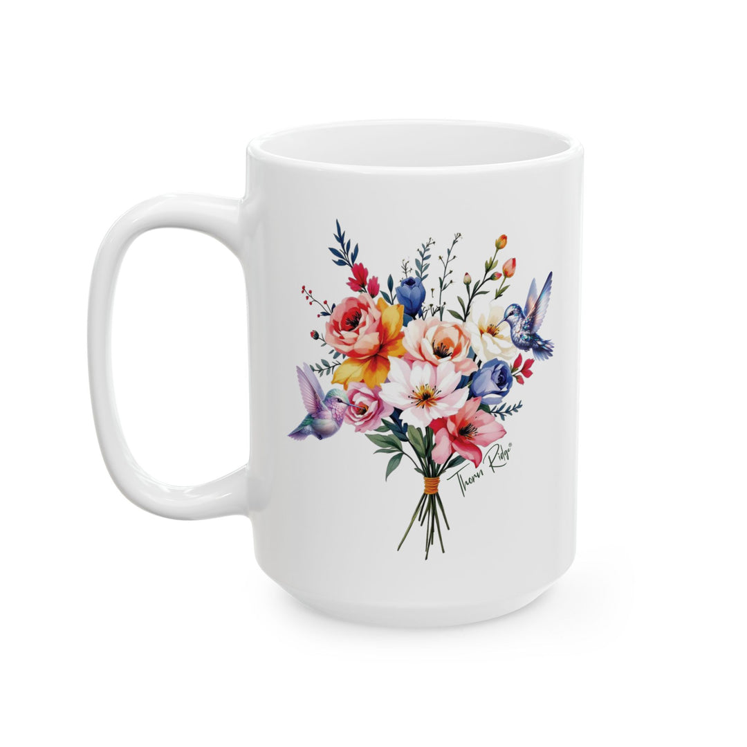 Bouquet and hummingbirds mug by Thorn Ridge®