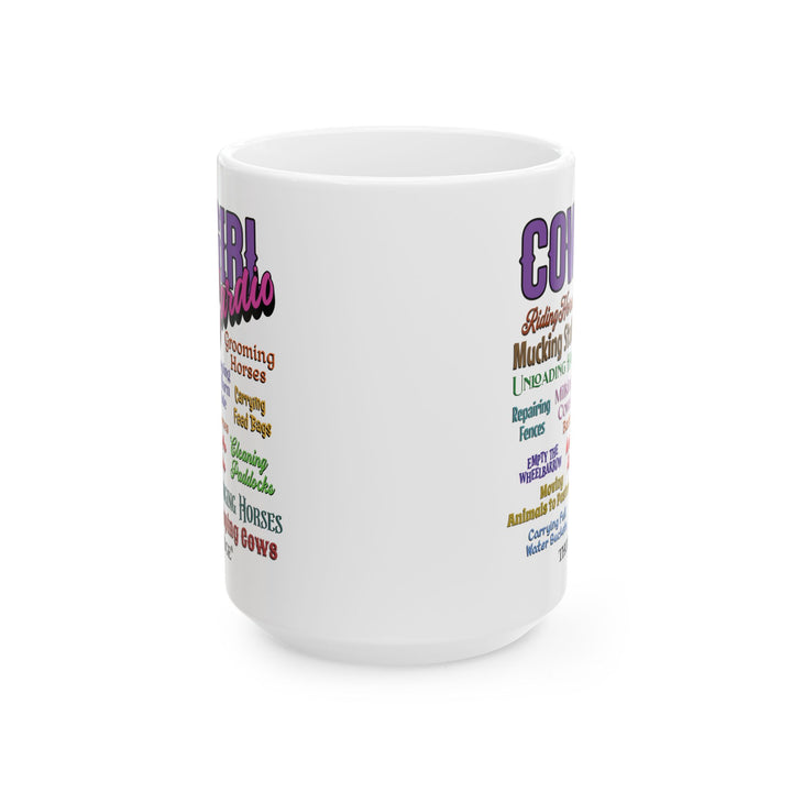 Cowgirl Cardio mug with colorful text listing cowgirl chores on a white background by Thorn Ridge®
