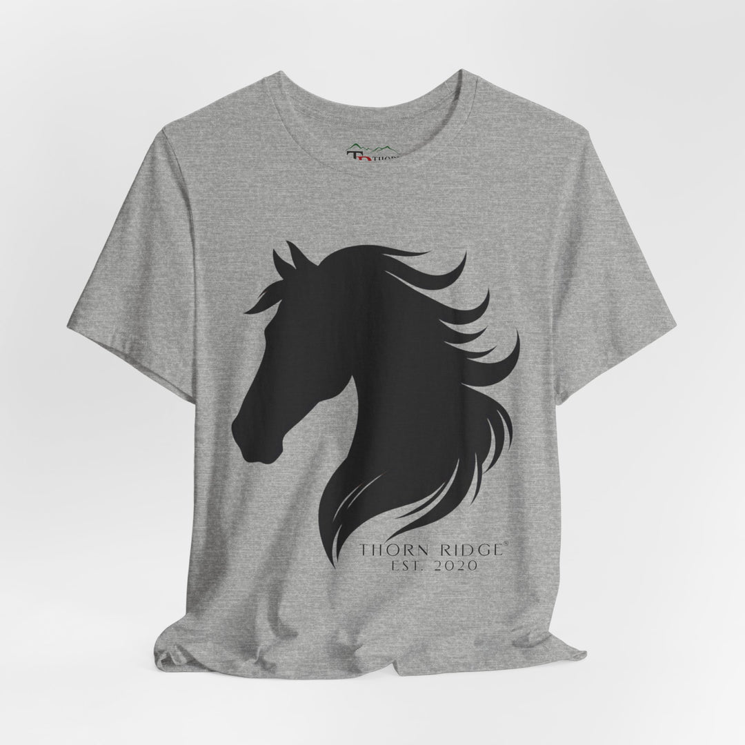 t-shirt with black horse silhouette and 'Thorn Ridge' branding 