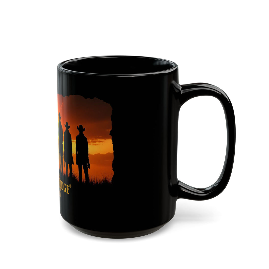 Seven Riders Black mug with silhouette of oeople in cowboy hats and 'Thorn Ridge' branding against a sunset background.