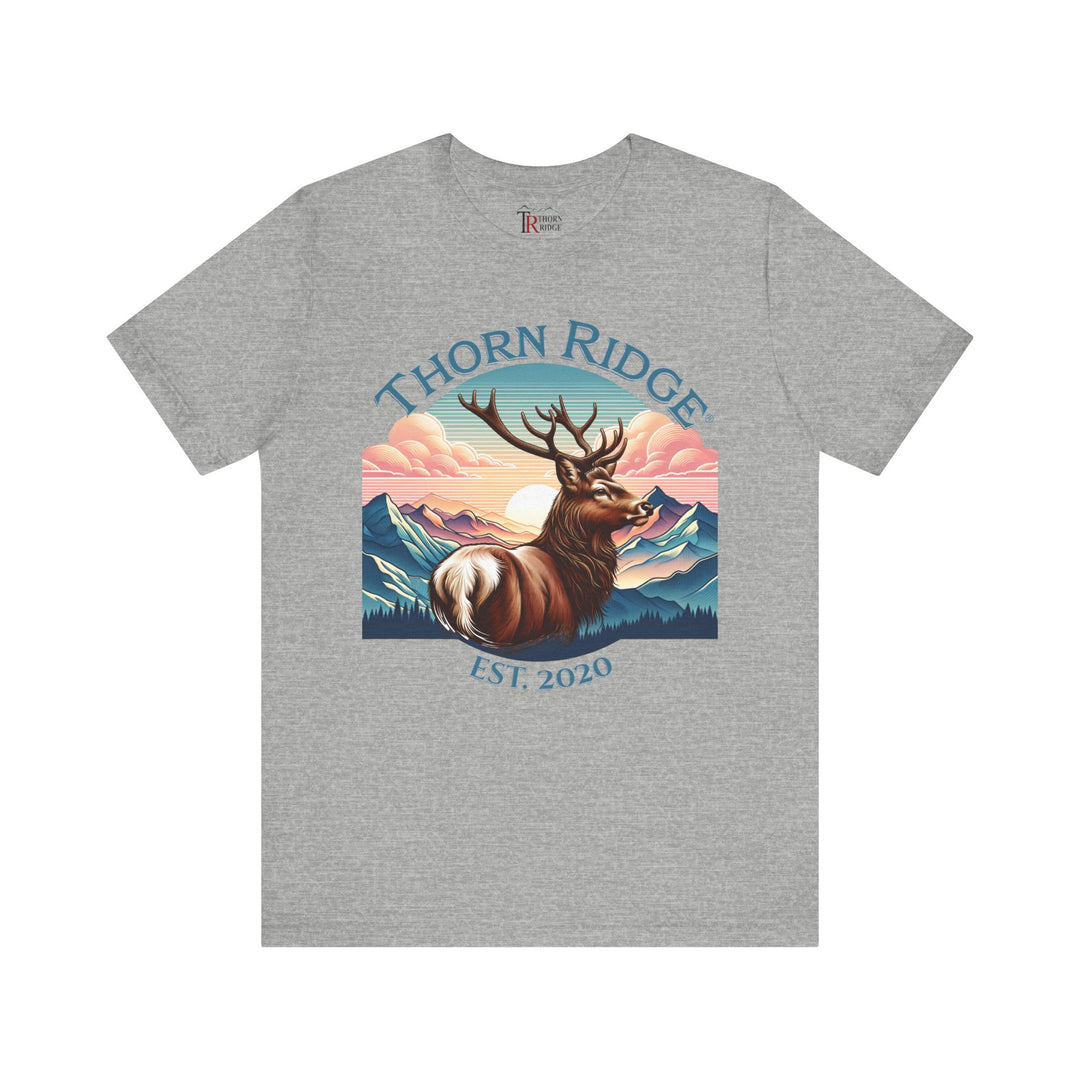 Guardian Buck Tee of a white tailed buck looking out across the mountains labeled Thorn Ridge®