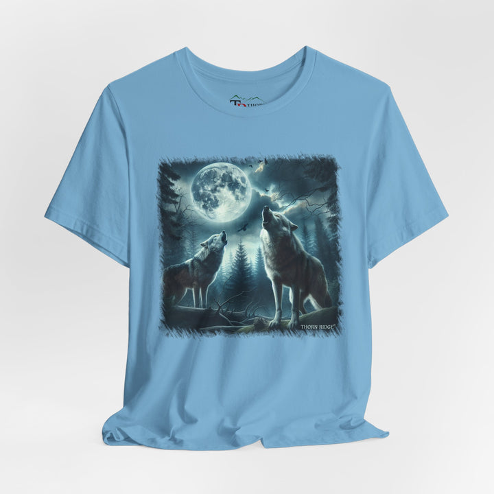 t-shirt with a graphic of two wolves howling at a moonlit sky branded Thorn Ridge®