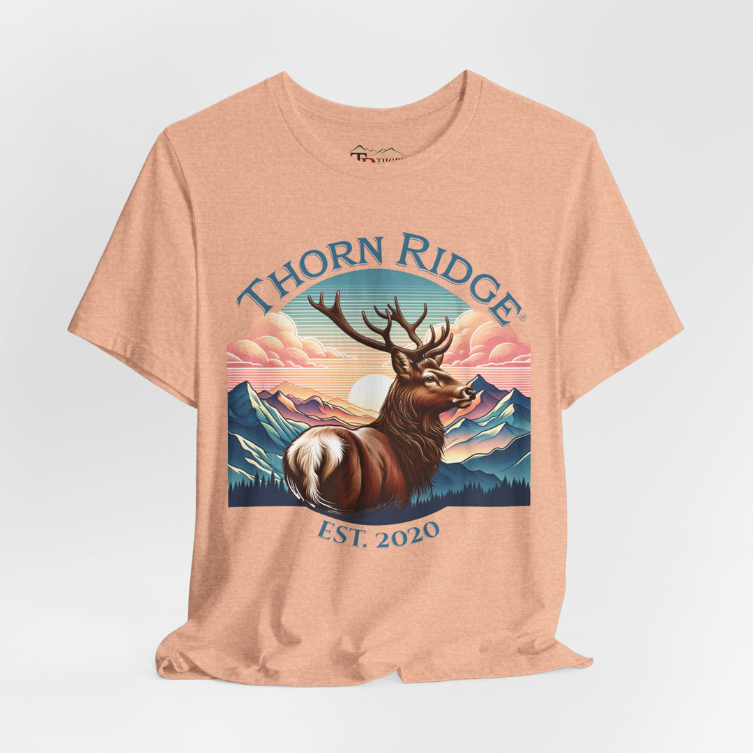 Guardian Buck Tee of a white tailed buck looking out across the mountains labeled Thorn Ridge®