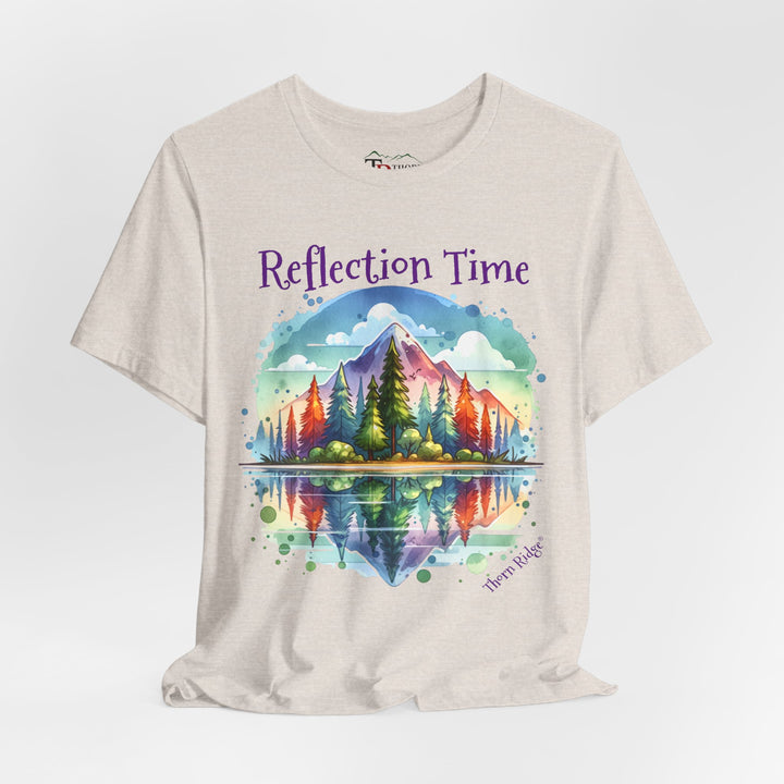 t-shirt with 'Reflection Time' graphic design featuring a mountain and lake scene labeled Thorn Ridge®