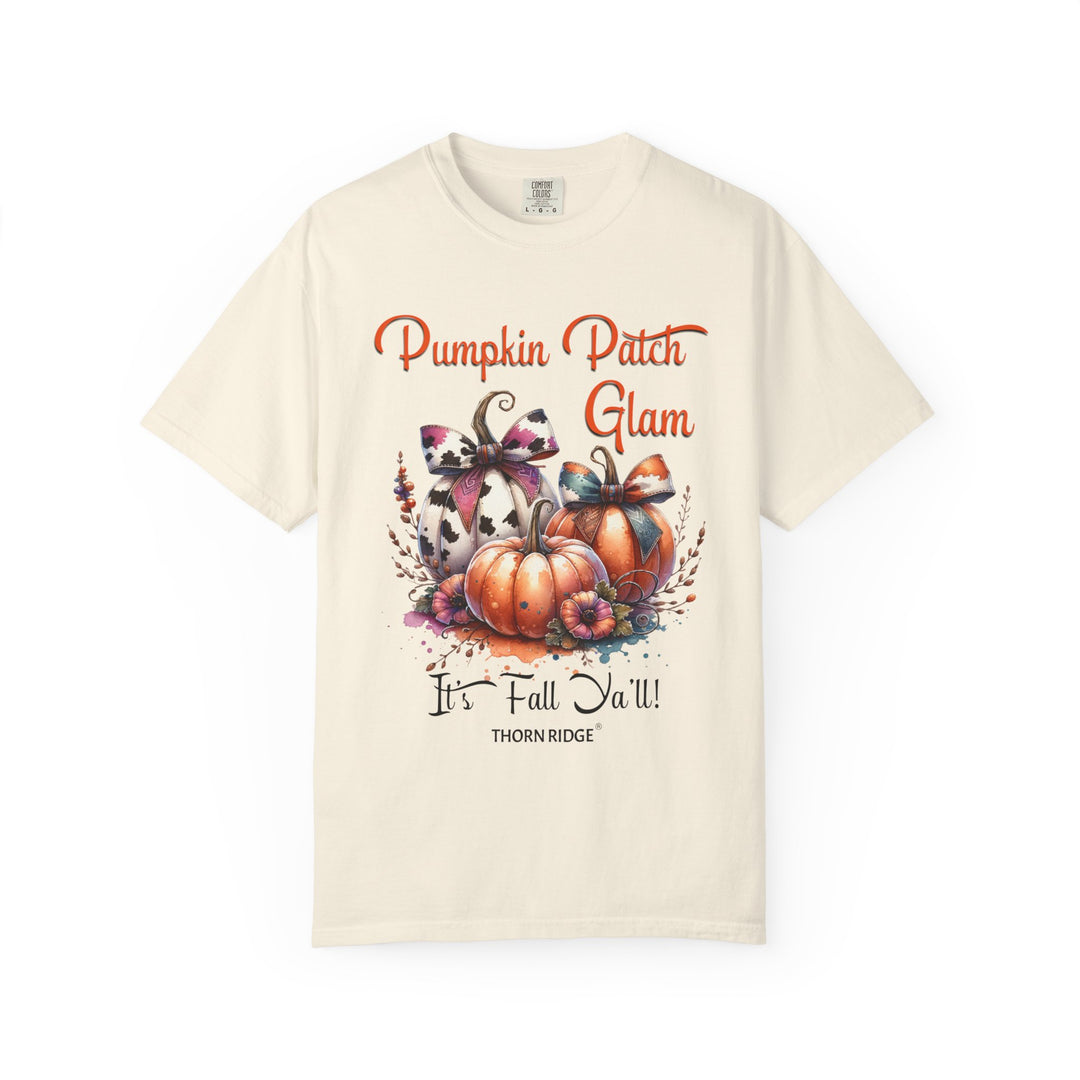 Pumpkin Patch Glam graphic tee with pumpkins wearing cow print bows labeled Thorn Ridge®