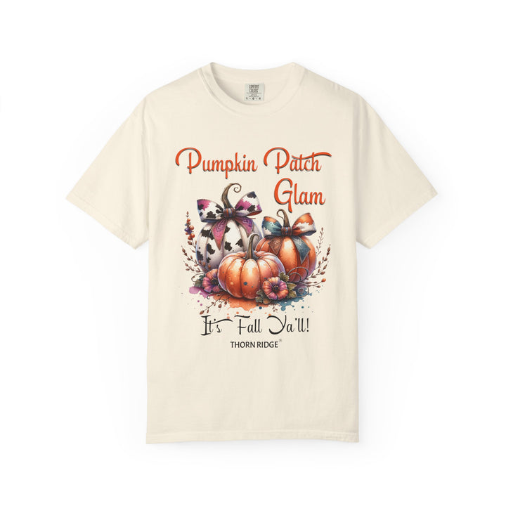Pumpkin Patch Glam graphic tee with pumpkins wearing cow print bows labeled Thorn Ridge®