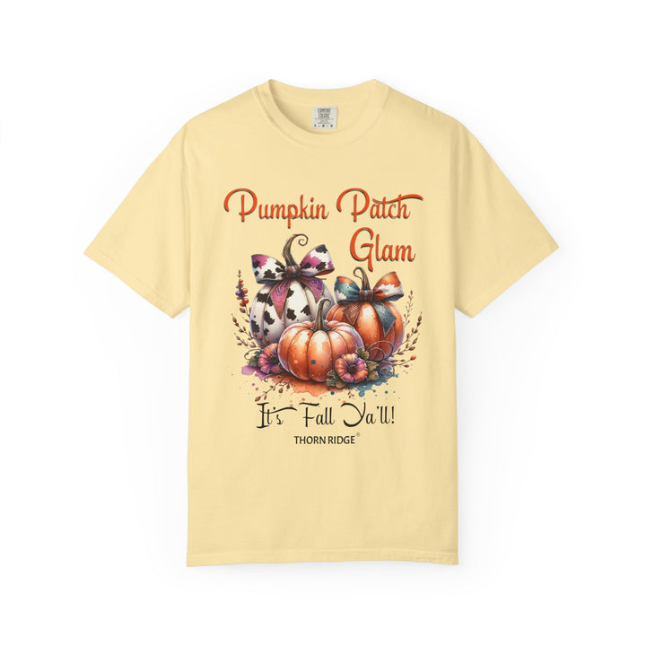 Pumpkin Patch Glam graphic tee with pumpkins wearing cow print bows labeled Thorn Ridge®