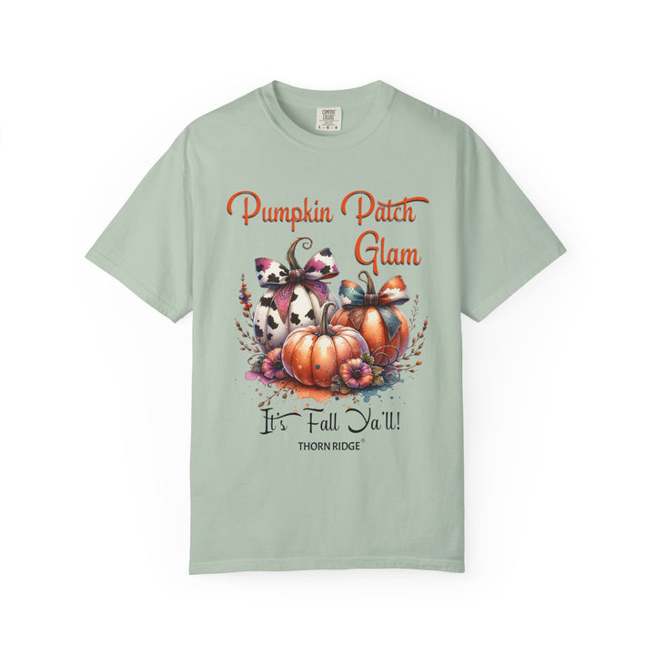 Pumpkin Patch Glam graphic tee with pumpkins wearing cow print bows labeled Thorn Ridge®