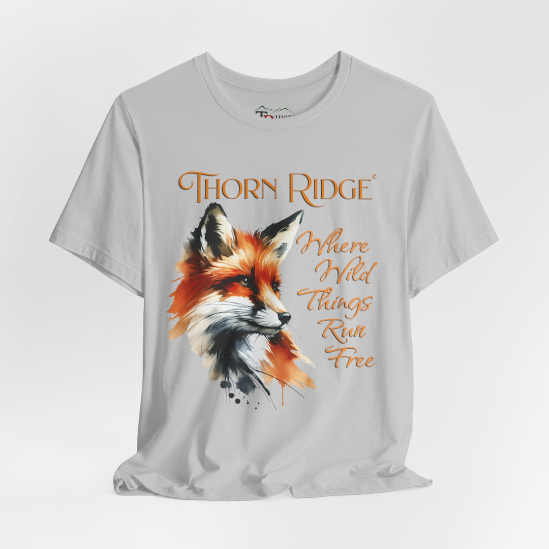 Where Wild Thing Run Free graphic tee with a fox labeled Thorn Ridge®