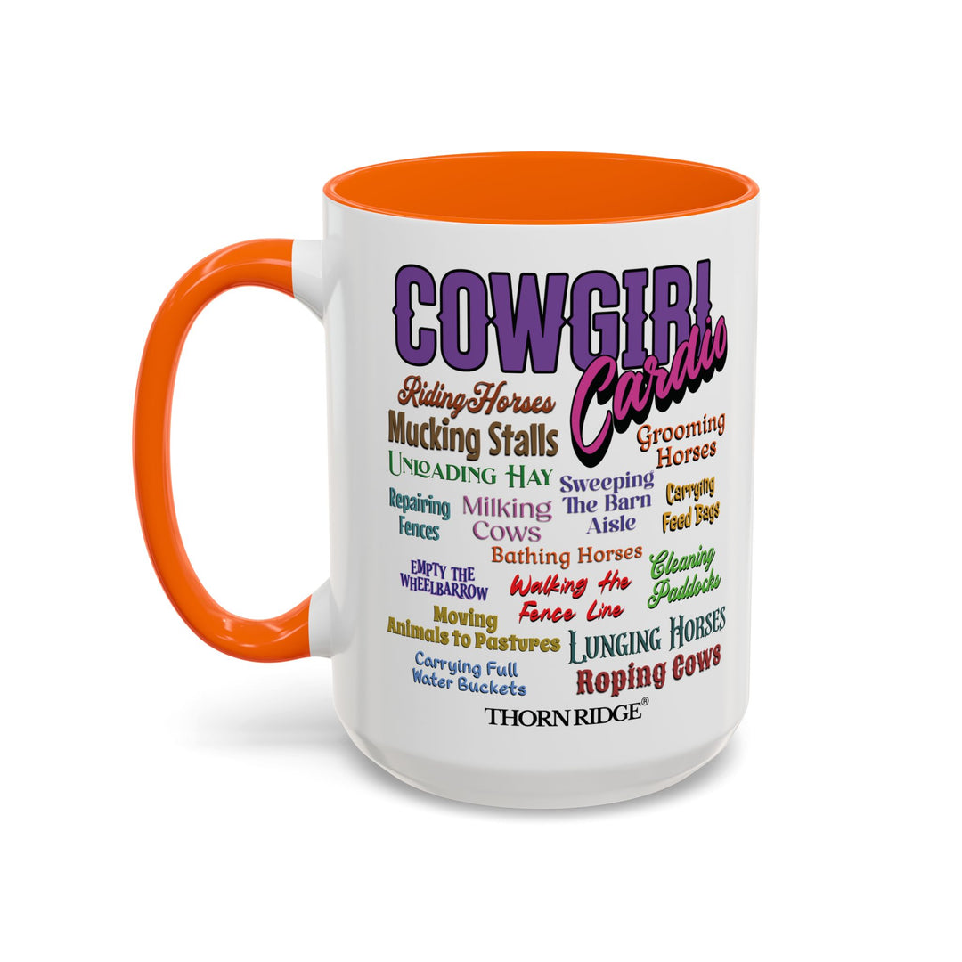 Mug with 'Cowgirl Cardio' text and orange handle on a white background