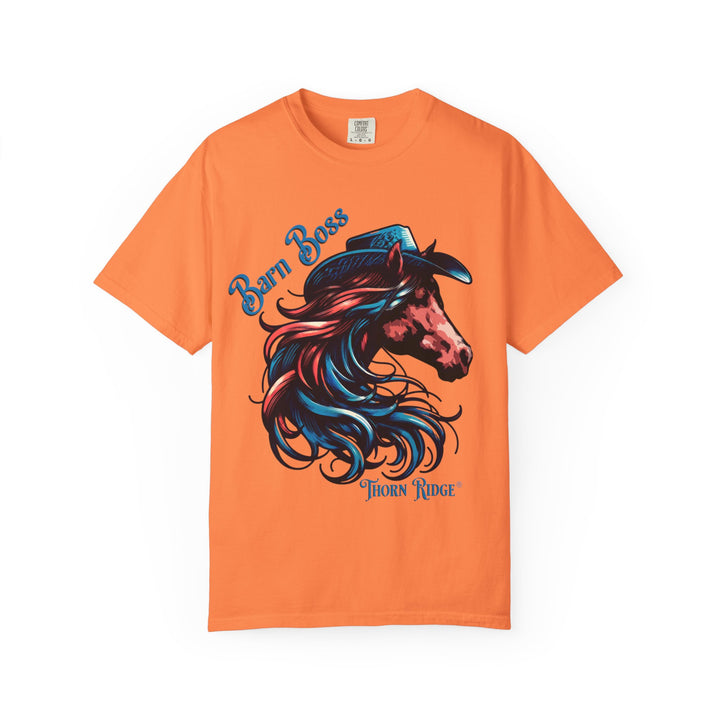 t-shirt with a horse head wearing a cowboy hat graphic labeled Barn Boss and Thorn Ridge