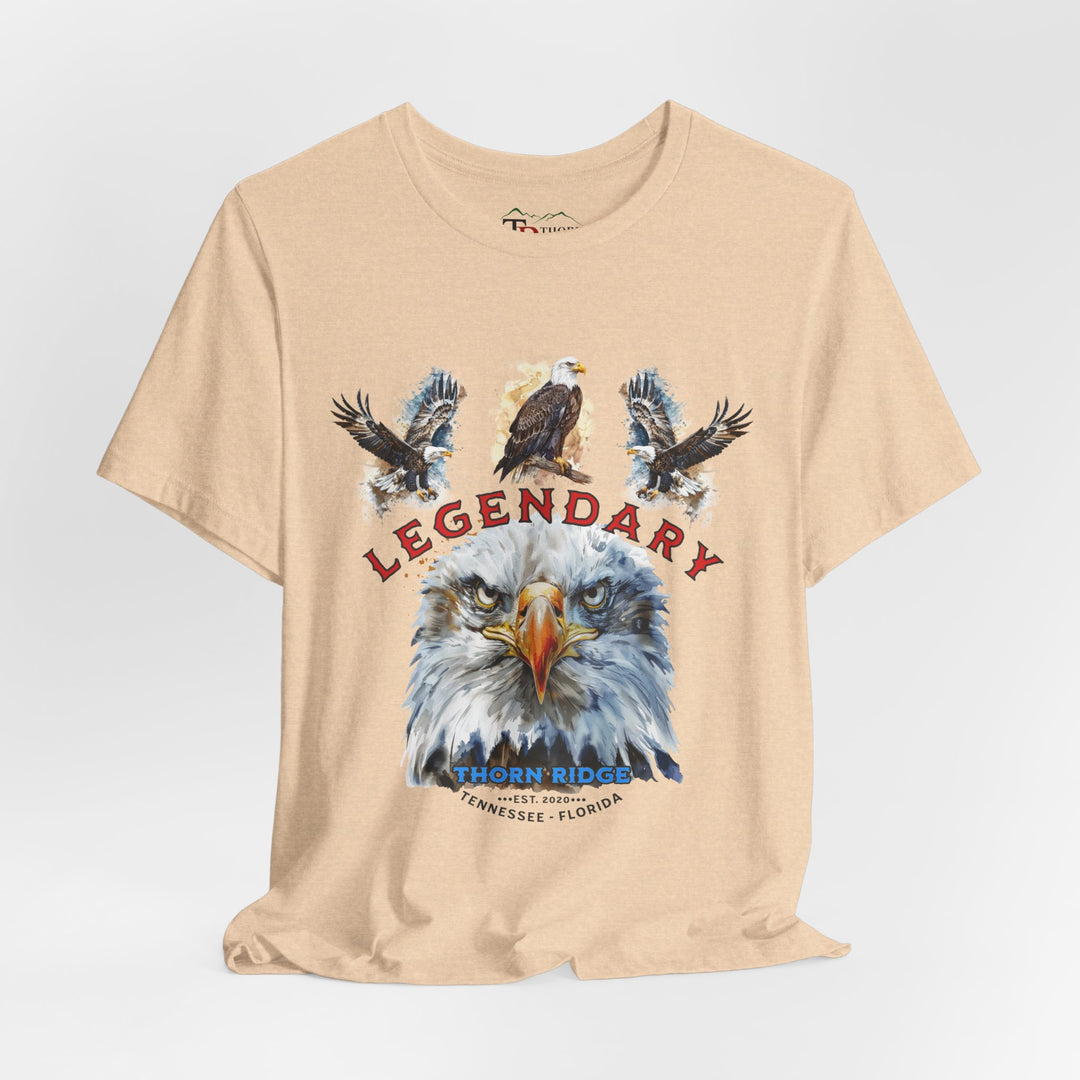 t-shirt with an eagle graphic and 'Legendary' text with three eagles above it