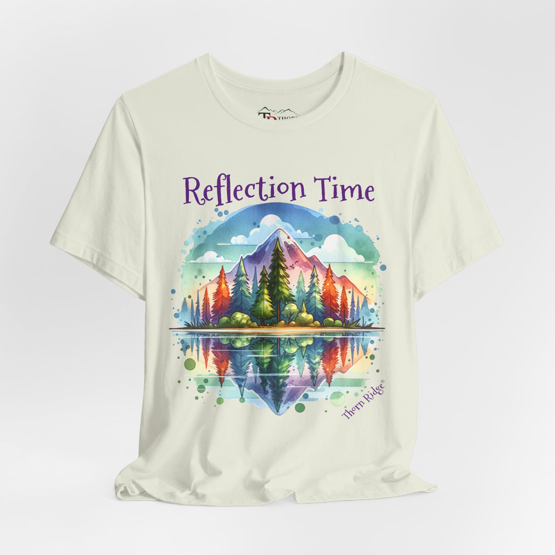 t-shirt with 'Reflection Time' graphic design featuring a mountain and lake scene labeled Thorn Ridge®