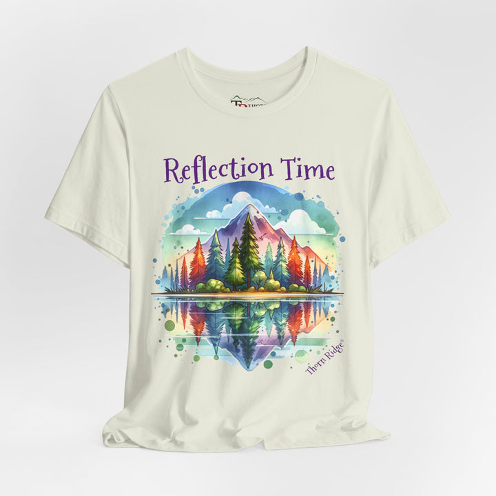 t-shirt with 'Reflection Time' graphic design featuring a mountain and lake scene labeled Thorn Ridge®