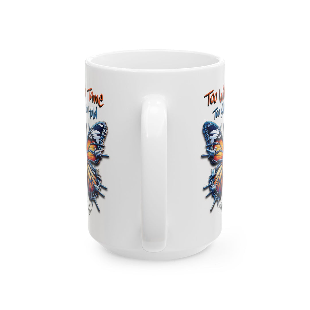 Too Wild to Tame Too Sharp to Hold butterfly design with barbed wire along the edges of the wings by Thorn Ridge®